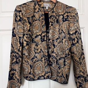 Adrianna Papell Elegant Navy and Gold Silk Paisley Blazer